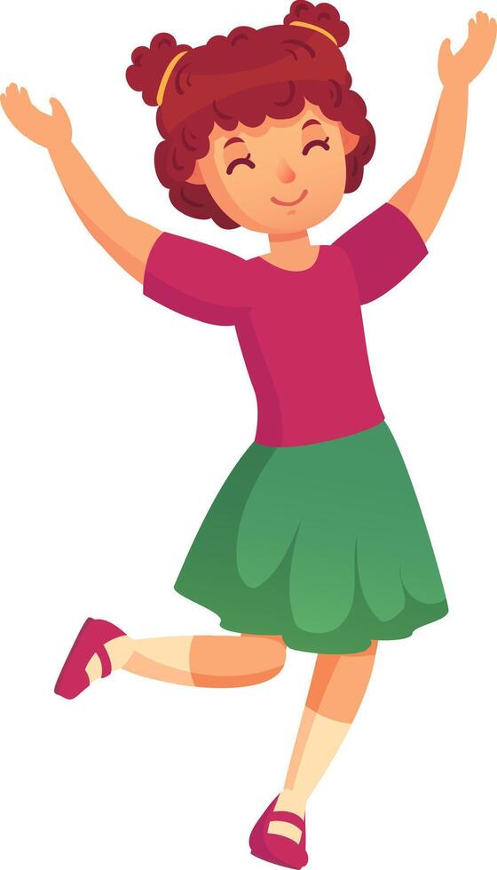 Cartoon illustration of a happy little girl jumping and raising her arms with joy, expressing positive emotions of happiness, fun and excitement vector