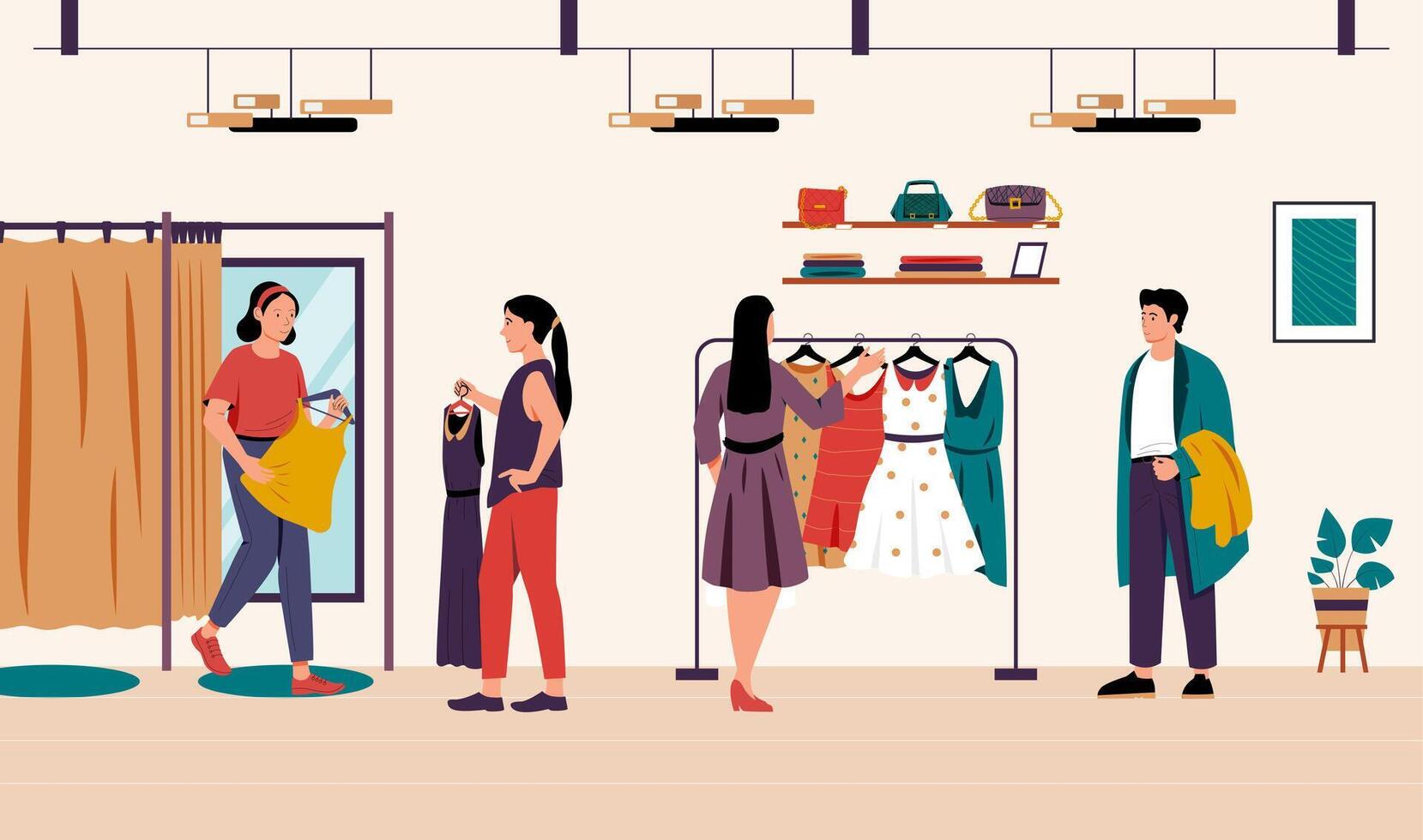 Customers shopping and trying clothes in fashion boutique, browsing dresses and accessories. Clothing retail consumer experience. Flat cartoon style. illustration vector
