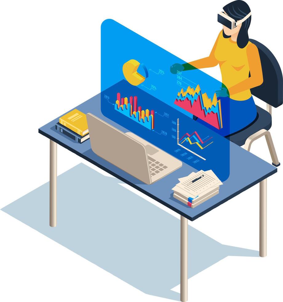 Businesswoman sitting at desk and wearing virtual reality headset analyzing financial charts and graphs projected on a transparent screen, isometric view vector