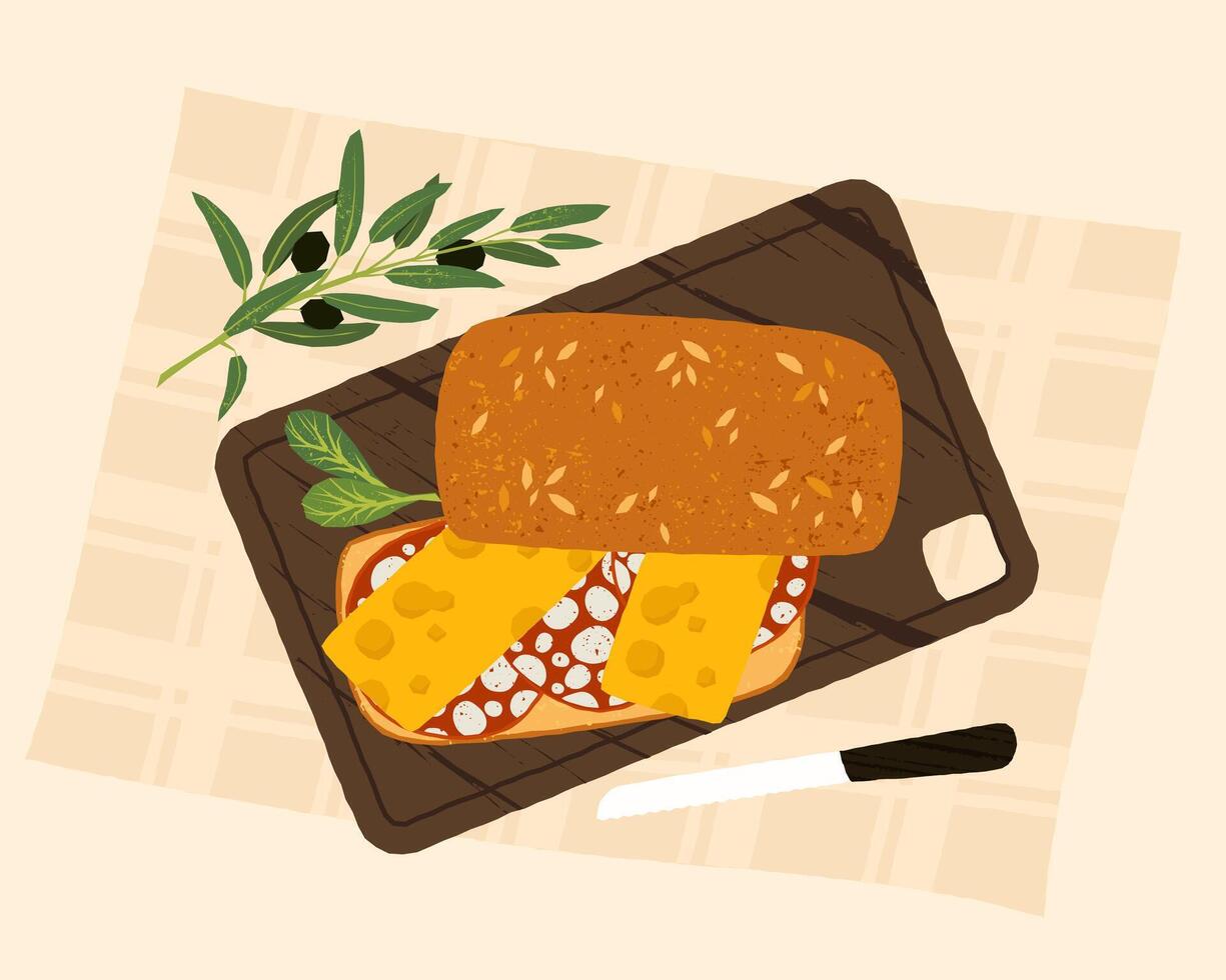 Sliced sandwich with bread, cheese, salami on wooden cutting board with herbs and knife. Rustic homemade food. Cooking concept. Flat illustration vector