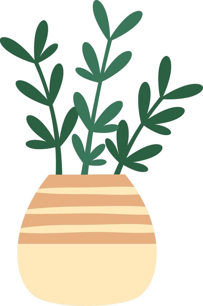 Simple illustration of a green plant with long stems and small leaves growing in a beige vase with horizontal stripes, representing home decoration and gardening concepts vector