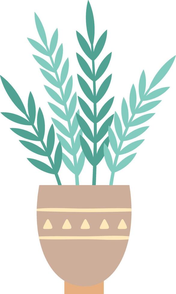 Potted plant with green leaves growing upwards in a beige pot with triangular decorations, representing home decoration, gardening, and nature vector