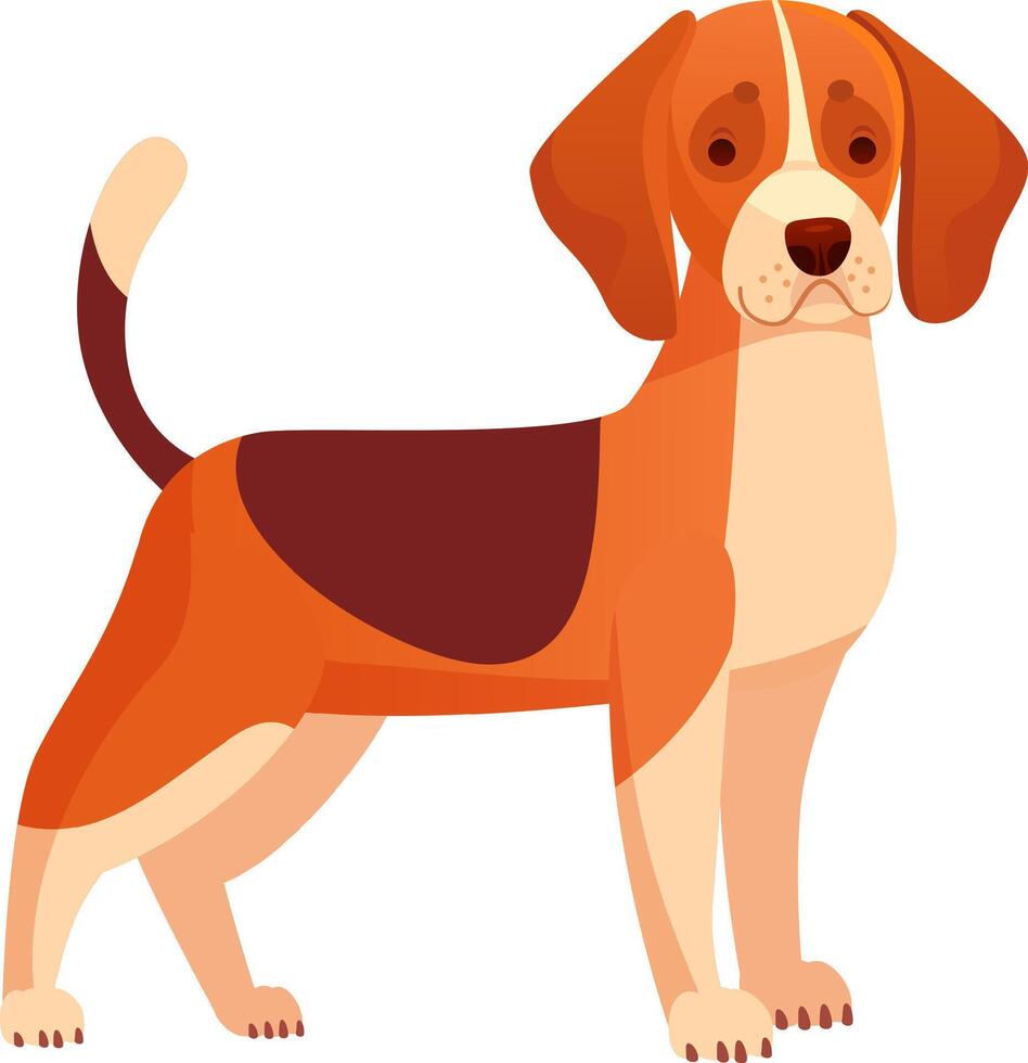 Cartoon illustration of a beagle dog standing with raised tail, showcasing its characteristic tri color coat and friendly expression, ideal for pet related designs vector
