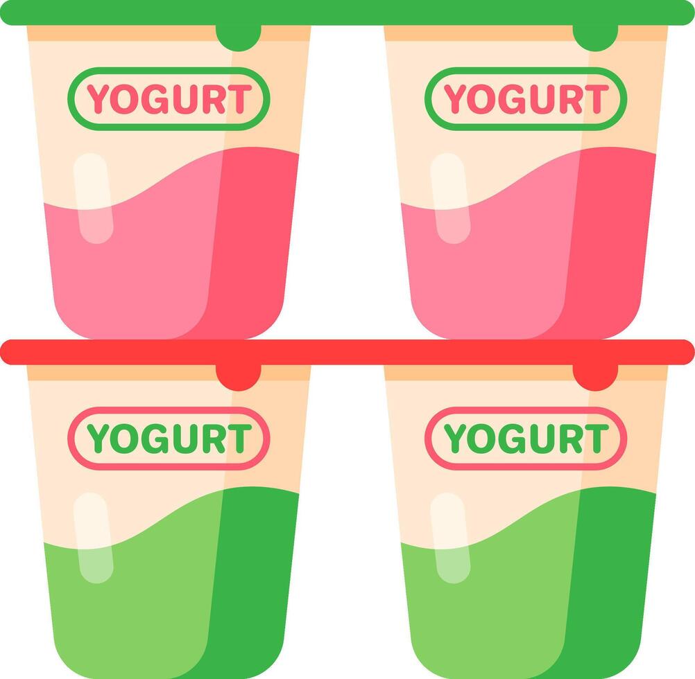 Four plastic yogurt cups, two with a pink strawberry flavor and two with a green pistachio flavor, are waiting to be eaten, a healthy and refreshing snack or breakfast vector