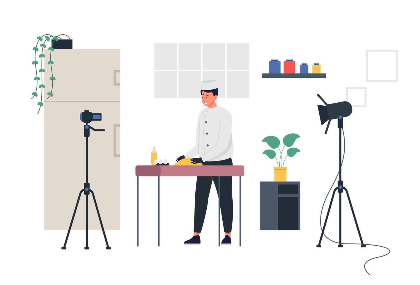 Food blogger preparing ingredients for a recipe in a home kitchen studio. Chef filming cooking tutorial with camera and lighting setup. Online cooking. Cartoon illustration vector