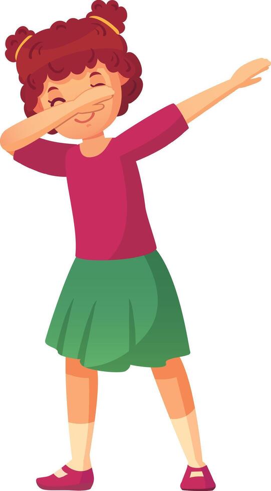 Cheerful young girl with curly red hair in two buns, wearing a pink top and green skirt, dabbing joyfully with an enthusiastic expression vector