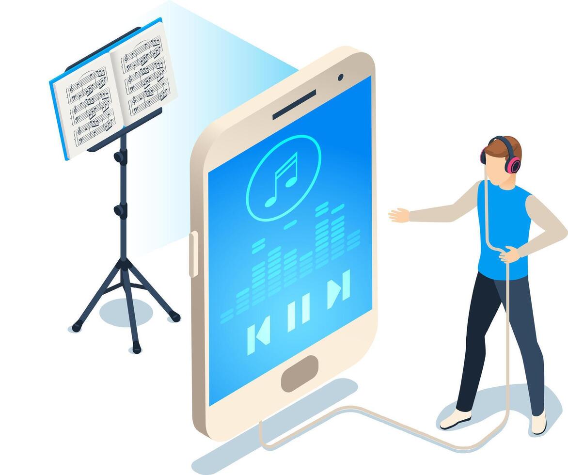 Young musician composing music using innovative technology, connecting a music stand to a smartphone through a cable, merging traditional and digital music creation vector