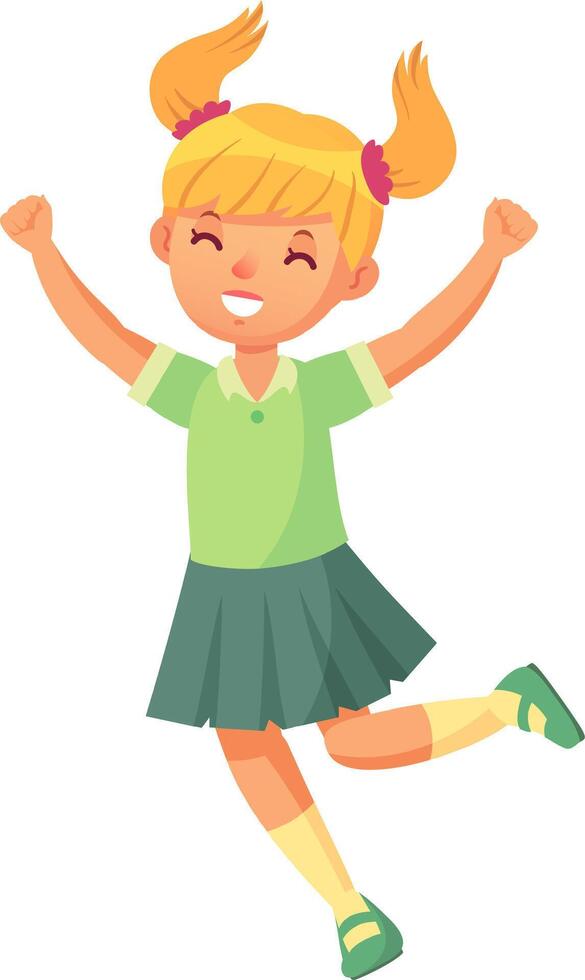 Cheerful elementary school student jumping with arms raised celebrating success. Expressing joy and excitement. Isolated on white background. Promoting education. Childhood happiness. And achievement vector