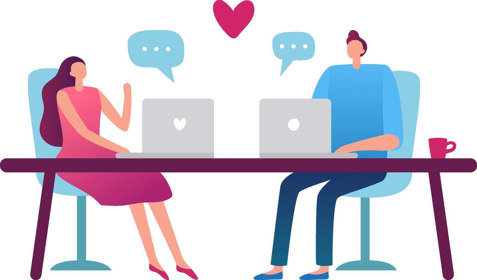 Young man and woman engaging in online communication through laptops, exchanging messages with chat bubbles and hearts, illustrating the essence of online dating and virtual relationships vector