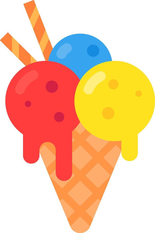 Colorful scoops of melting ice cream dripping down a waffle cone, creating a delightful summer treat adorned with crunchy wafer sticks, evoking sweetness and refreshment vector