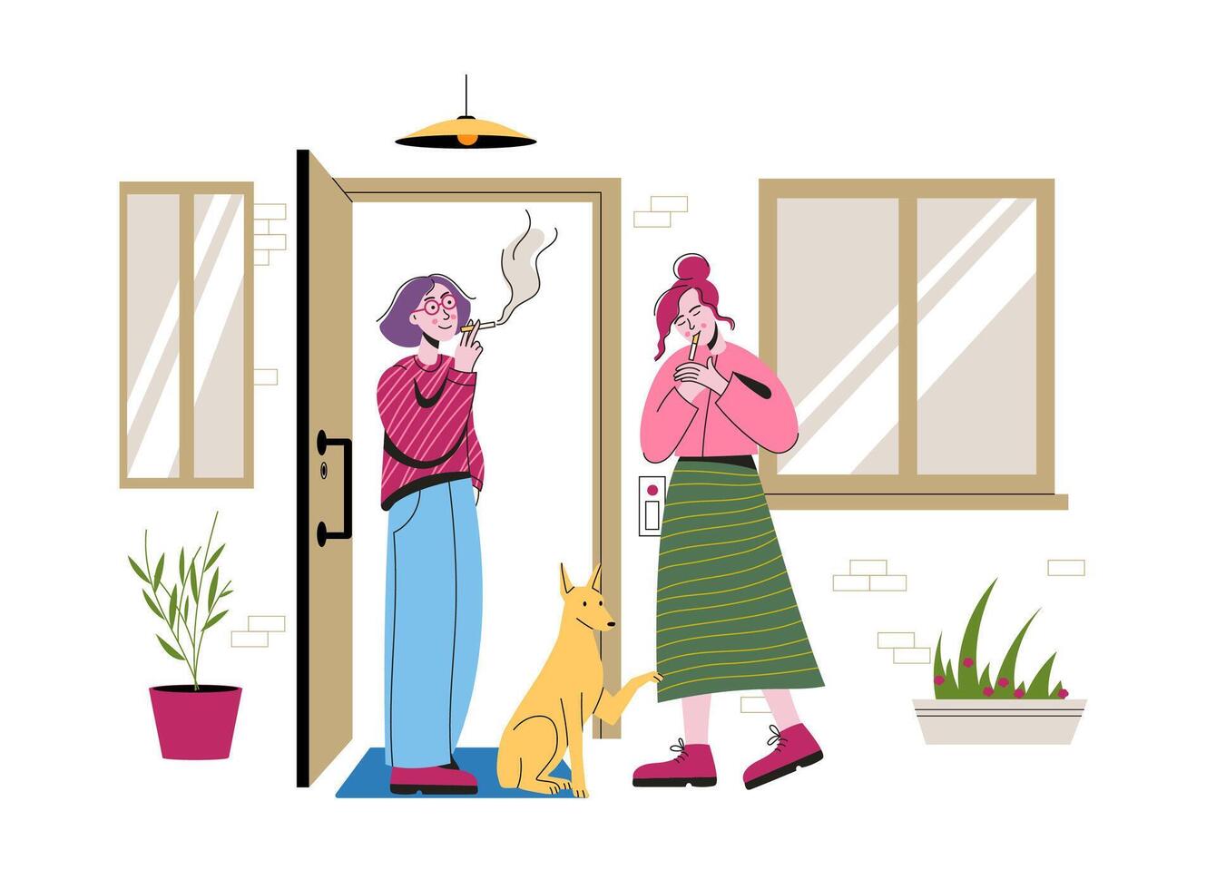 Two women standing outside house smoking cigarettes, dog sitting near entrance. Lifestyle casual social interaction. Health risk habit awareness topic. Flat illustration vector