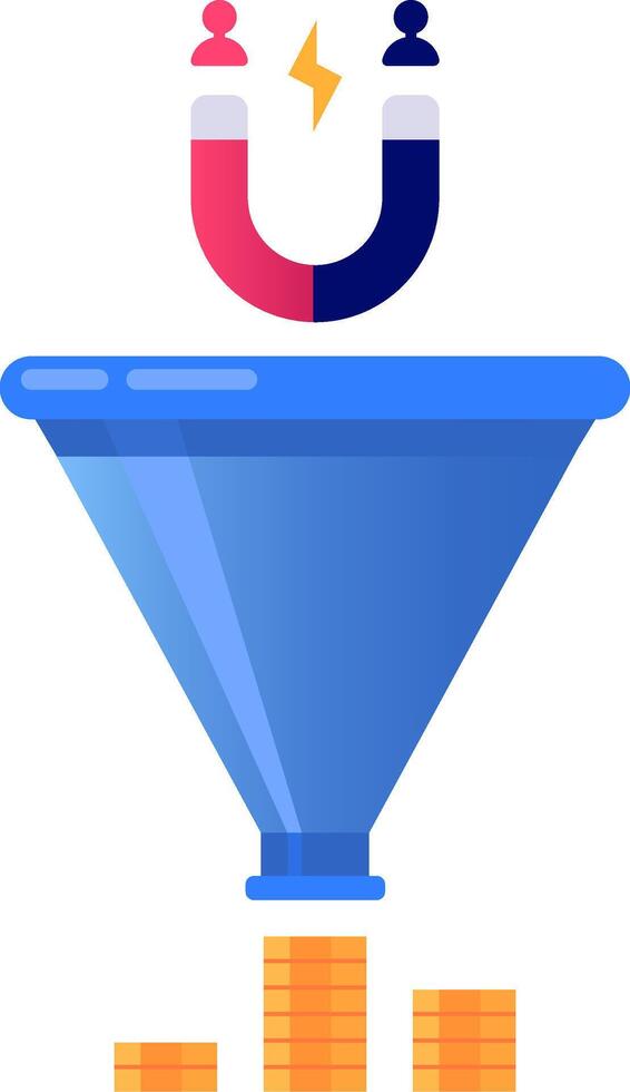 Horseshoe magnet attracting customers into blue sales funnel generating increasing stacks of gold coins representing profit and revenue growth vector
