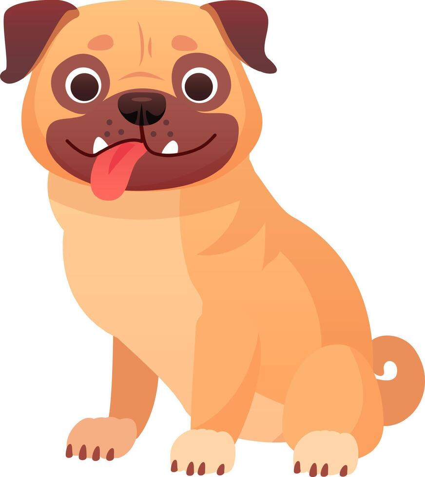 Cartoon illustration featuring a cheerful pug dog sitting and panting with its tongue out, set against a clean white background, radiating happiness and playfulness vector