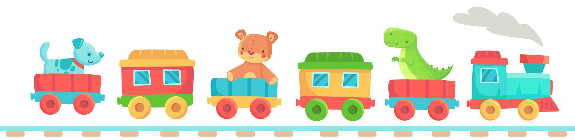 Cheerful toy train with colorful carriages carrying a dog, a teddy bear, and a dinosaur is chugging along the rails, bringing joy and imagination to playtime vector