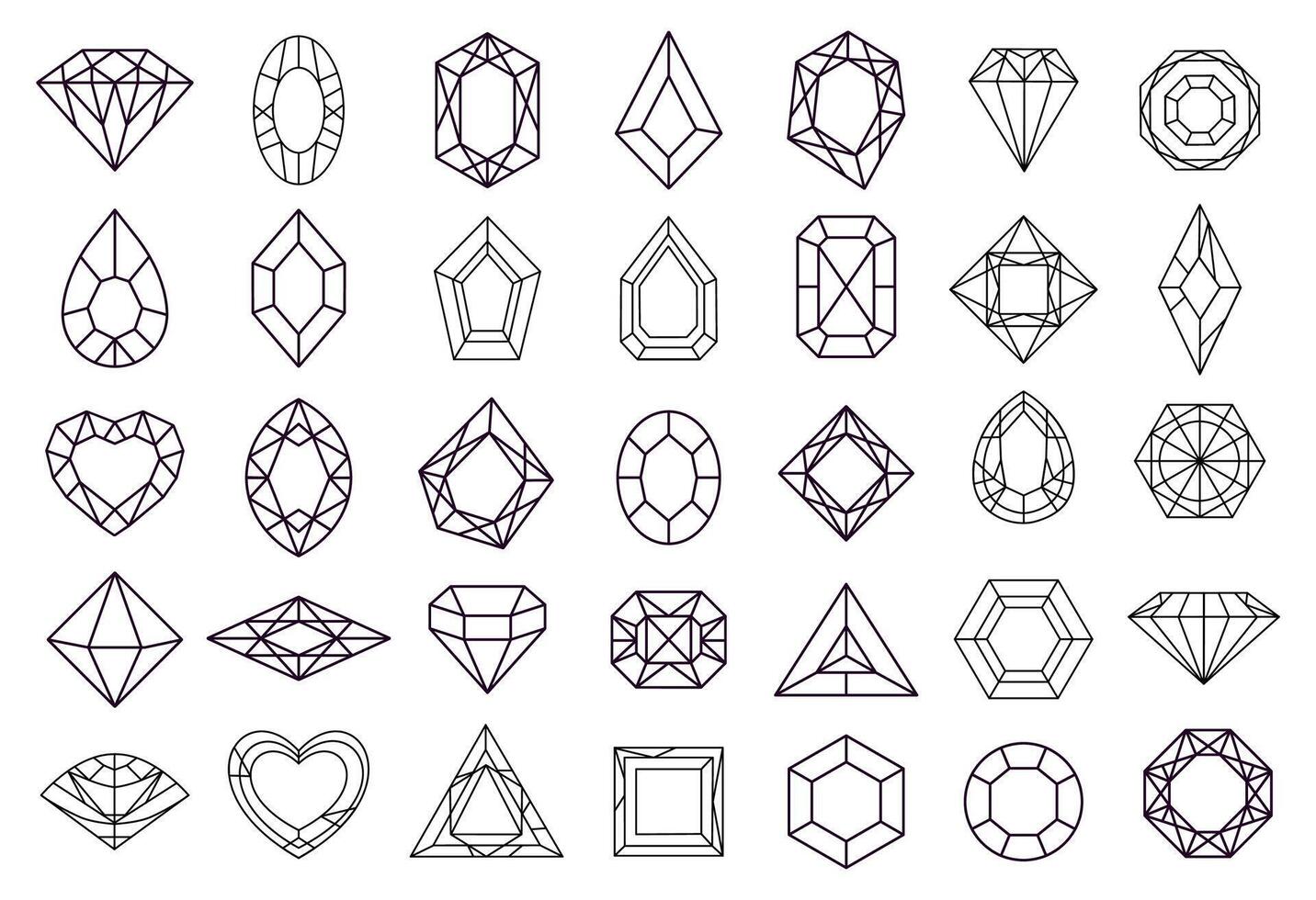 Large collection of various geometric diamond icons representing different shapes, cuts, and facets of gemstones, showcasing diverse designs for jewelry or luxury branding vector