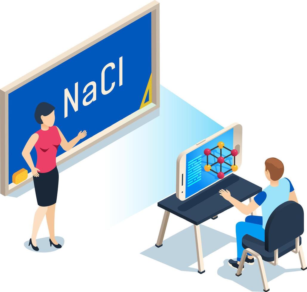 Chemistry teacher explaining NaCl molecular structure using augmented reality on smartphone during a chemistry class in an interactive and engaging way vector