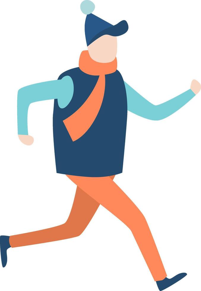 Illustration of a man running outside in winter wearing warm clothes, including a bobble hat, scarf, vest, long sleeved shirt, and trousers vector