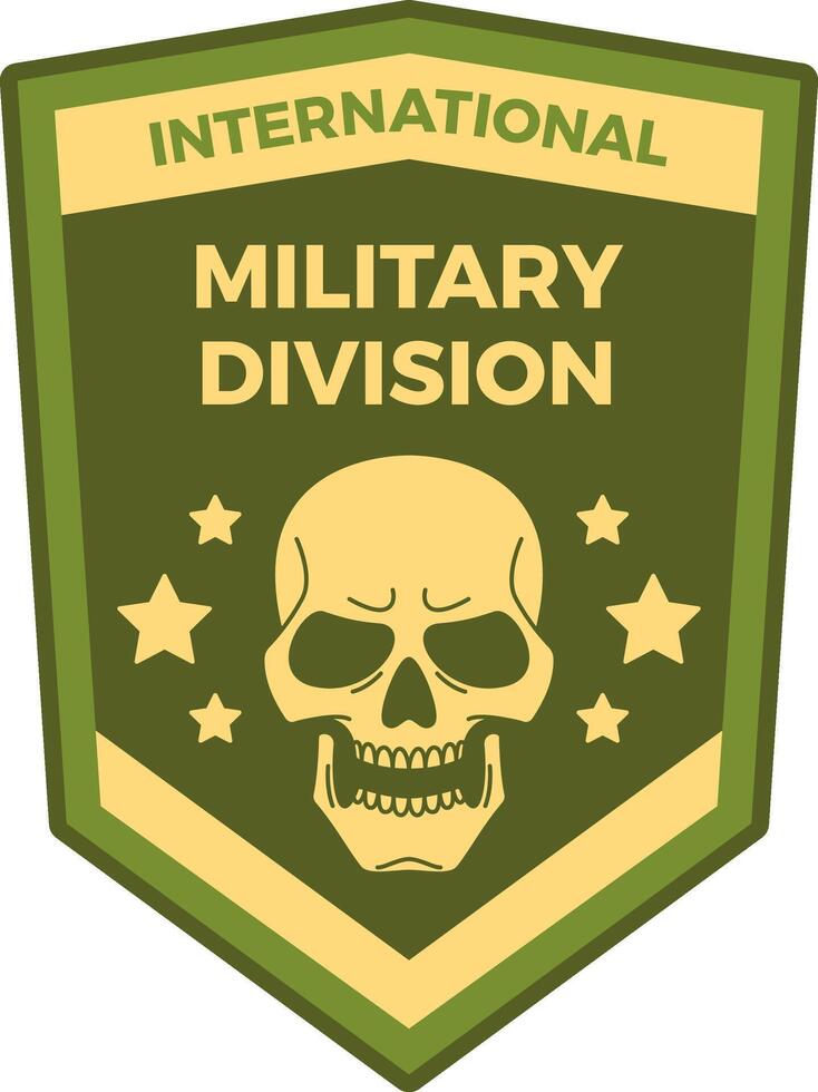 International Military Division logo is displayed, featuring a skull and stars on a green background, evoking themes of military service, combat, and international cooperation vector