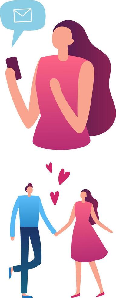 Young woman receiving a heartfelt message, envisioning moments of joy while holding hands with her boyfriend, radiating love and happiness in their romantic connection vector