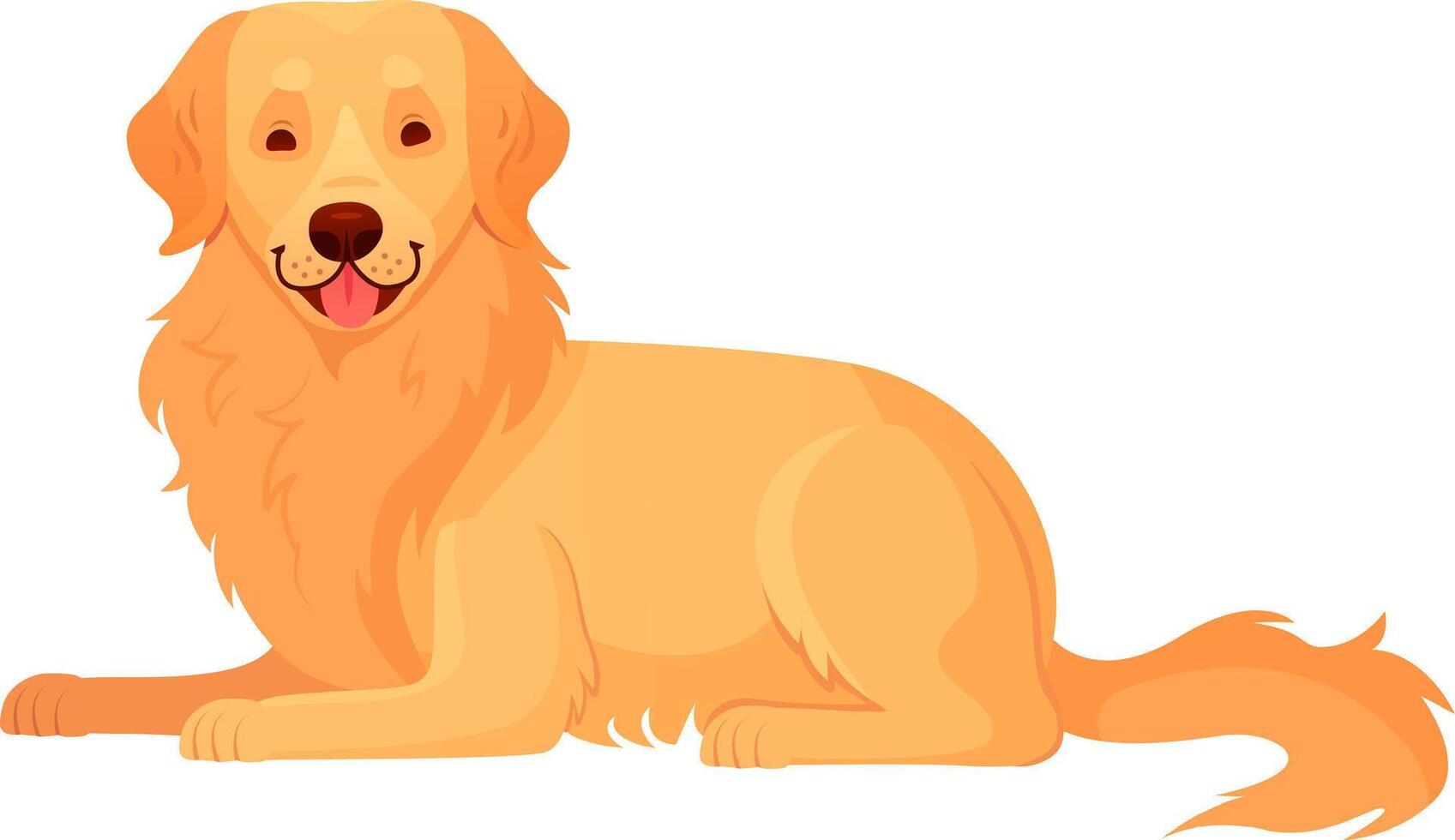 Cartoon golden retriever dog lying down with head raised and tongue playfully sticking out, set against a clean white background, radiating cheerfulness and warmth vector