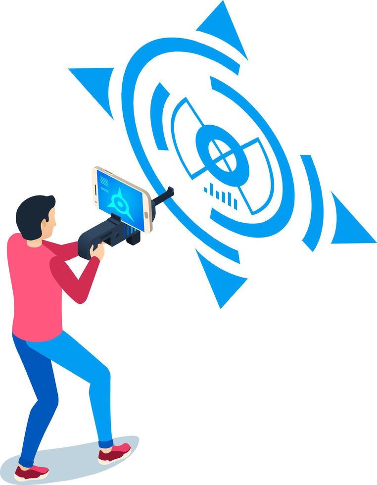 Man using a smartphone attached to a futuristic controller pointing at a digital target, experiencing interacting with augmented reality mobile app vector