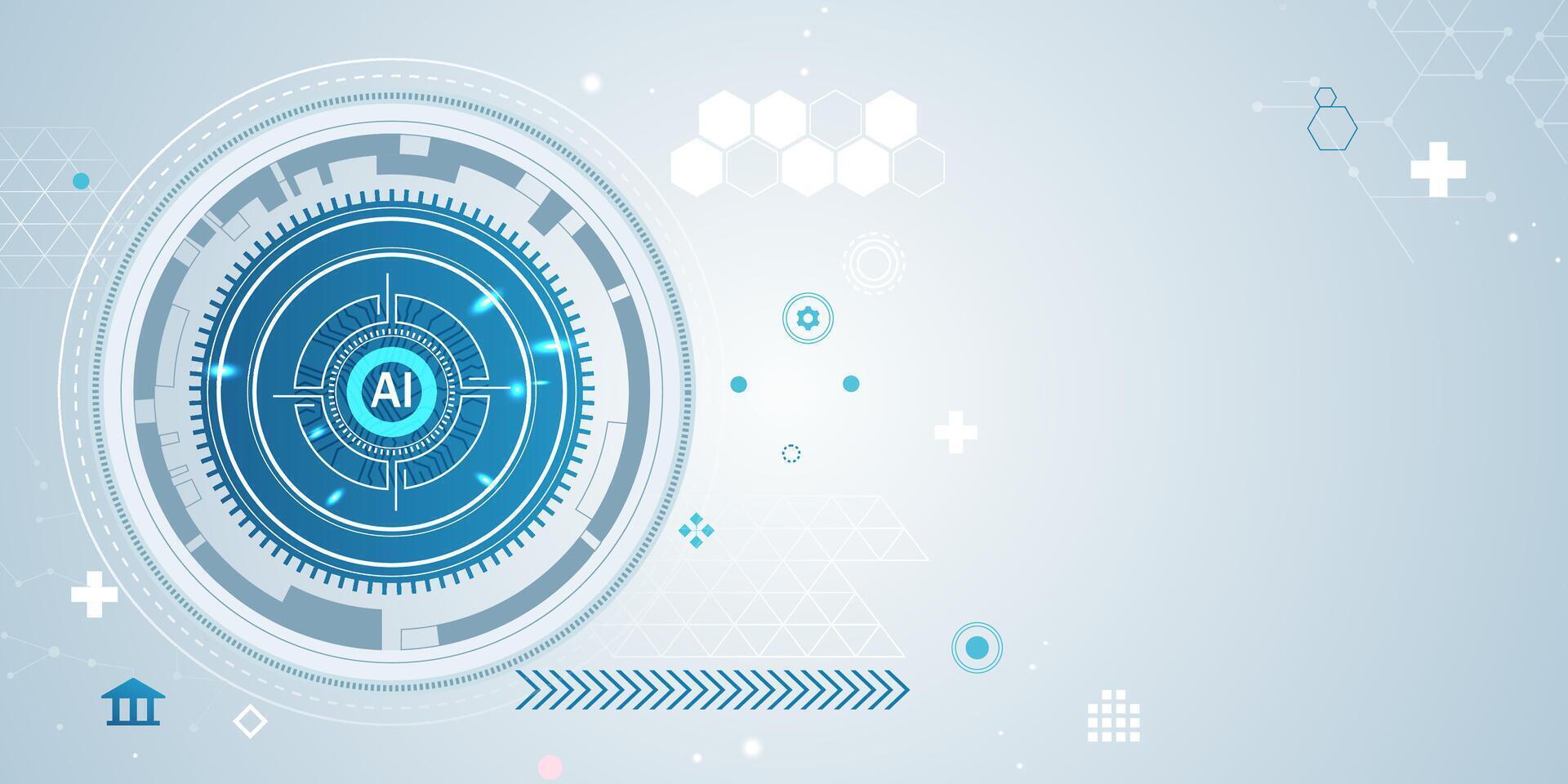 High-tech AI interface with circular digital HUD elements, futuristic dashboard graphics, and geometric tech icons on a light blue abstract background vector