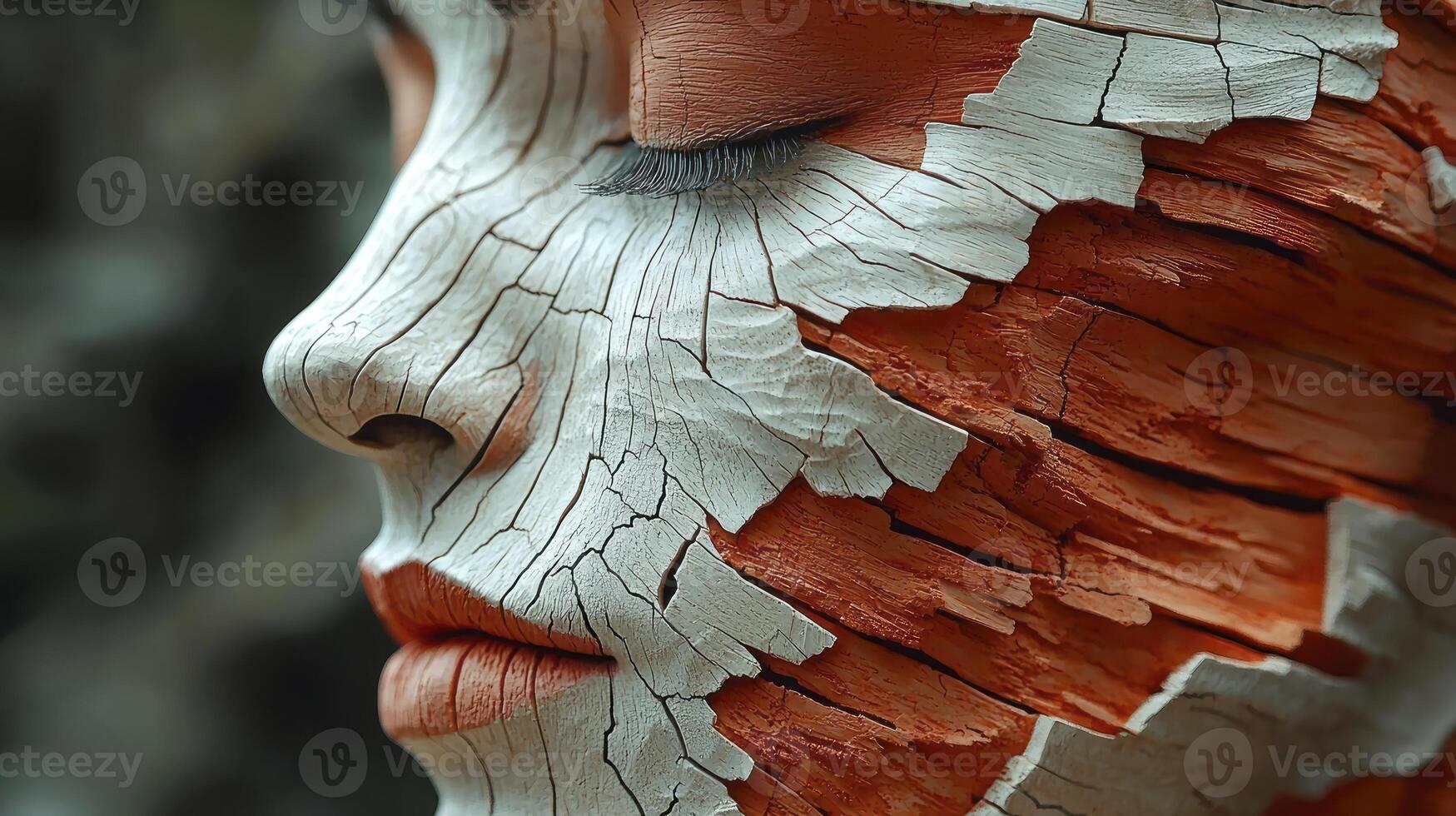 A woman's face is painted with white and orange paint photo