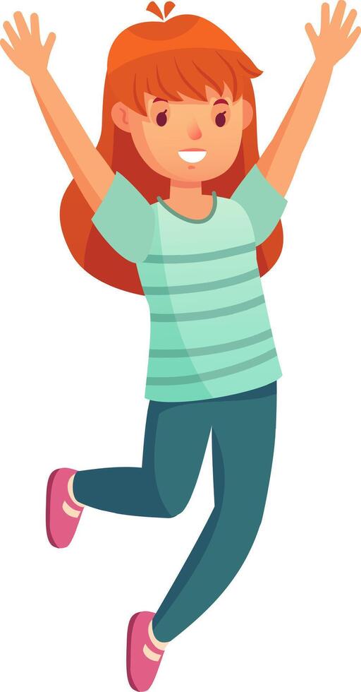 Cheerful redhead girl in a striped t shirt and teal pants joyfully jumping with arms raised high, radiating happiness and excitement in a carefree celebration of childhood vector