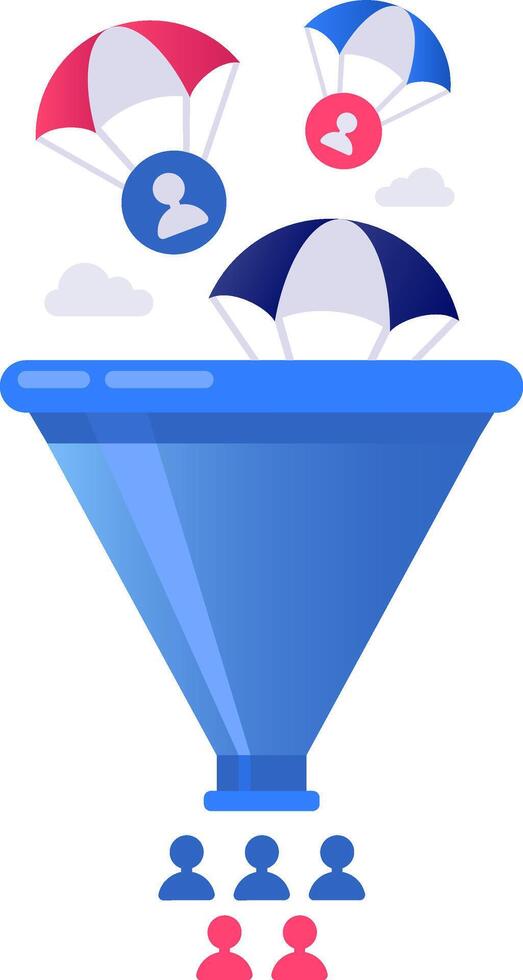 Parachutes carrying user icons falling into a sales funnel, filtering leads into small groups of customers, representing customer acquisition, lead generation, and targeted marketing strategies vector