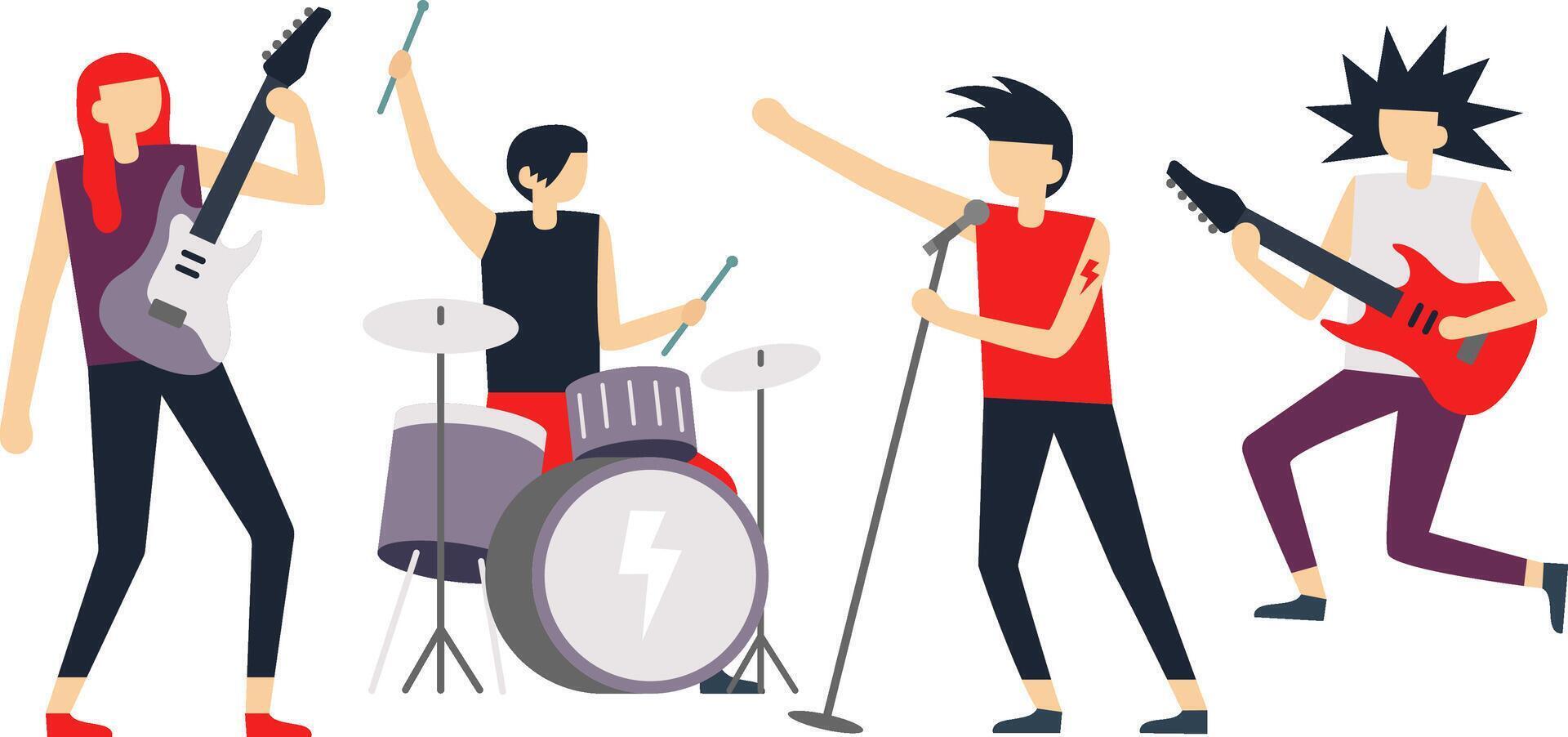 Musicians playing different instruments like electric guitar, drums and singing with microphone during a live rock concert, simple flat cartoon illustration isolated on white background vector