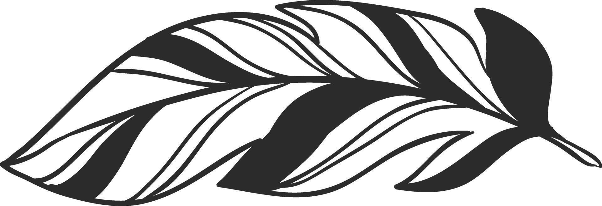 Black and white striped feather drawing, symbolizing lightness, softness, and hope, perfect for bohemian, vintage, or nature inspired designs vector