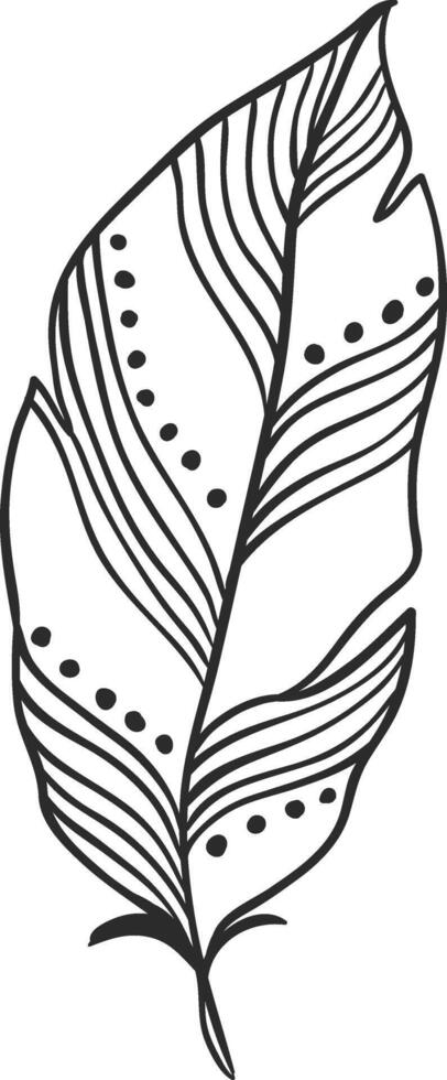Single feather decorated with flowing lines and dots creating an elegant and artistic pattern, ideal for bohemian, nature inspired, or vintage designs vector