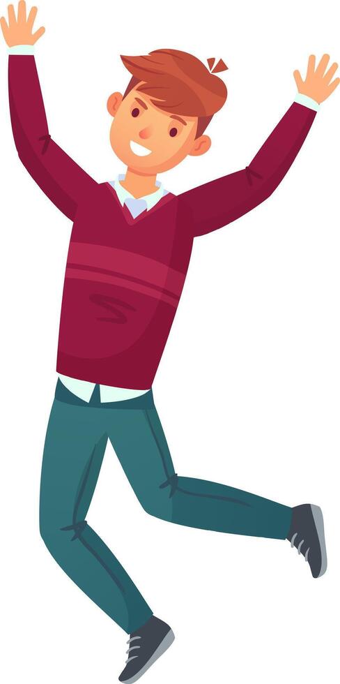 Happy young man wearing a sweater and trousers is jumping with arms raised celebrating success, happiness, joy, achievement, freedom, victory concept vector