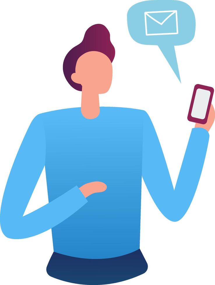 Office worker holding smartphone and receiving email notification, sending and receiving messages, online communication, email marketing, new message alert vector