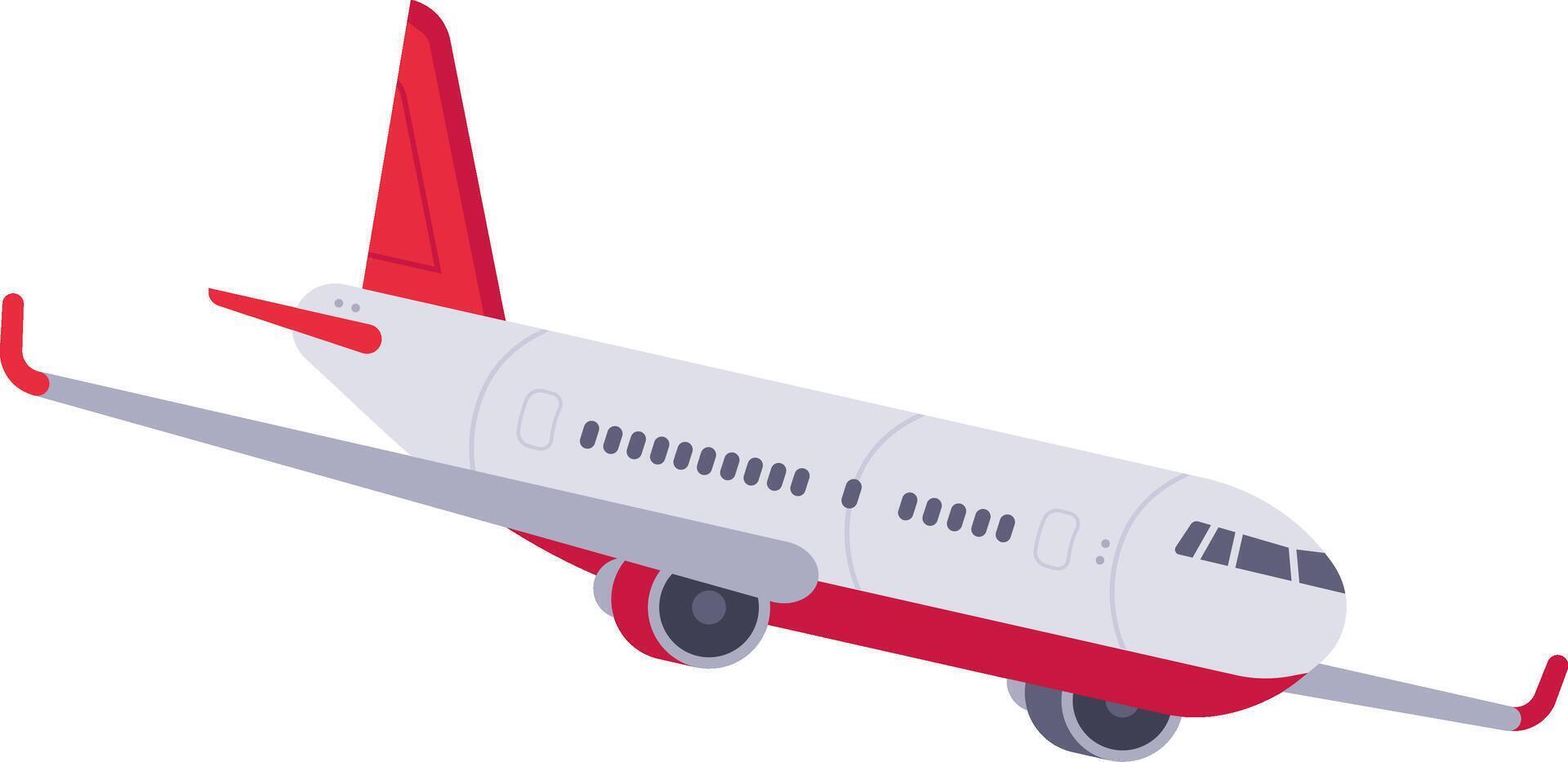 Red and white passenger airplane flying in the sky, commercial airline travel and vacation concept, illustration isolated on white background vector