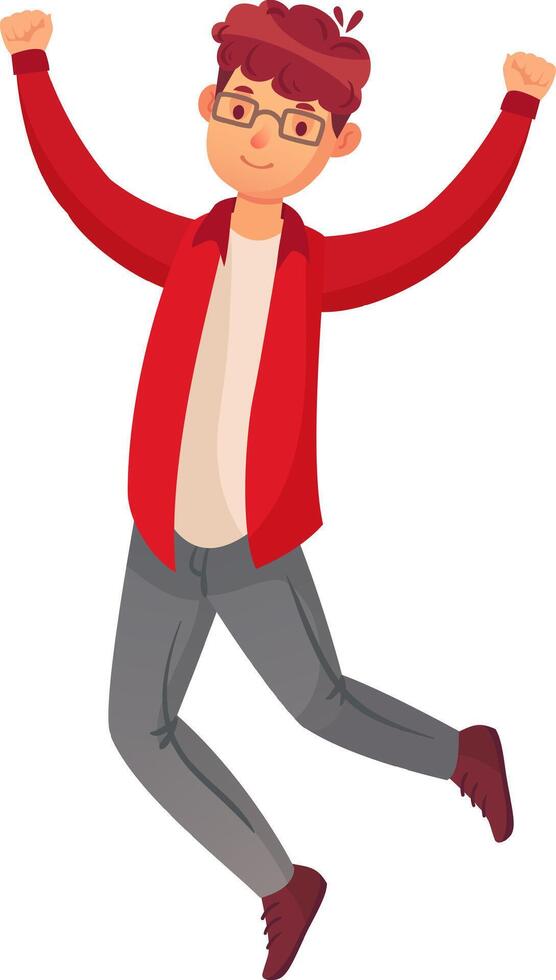Young man with glasses, donning a vibrant red jacket and gray pants, joyfully jumping with arms raised high, celebrating a significant achievement and expressing pure excitement vector