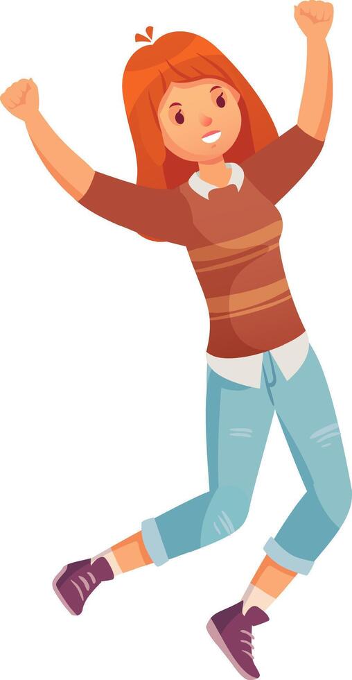 Enthusiastic young woman with red hair and casual clothes jumping with raised arms, expressing joy and excitement, celebrating success or achievement vector