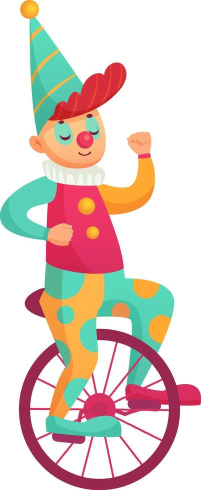 Circus clown wearing colorful costume riding unicycle raising arm during performance at entertainment show balancing on one wheel showcasing talent and skill vector