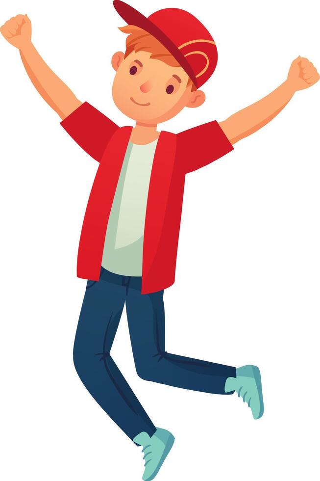 Young boy with red cap and jacket is happily jumping with raised arms, celebrating his success, expressing joy and excitement, perfect for youth, achievement and positive emotions concepts vector