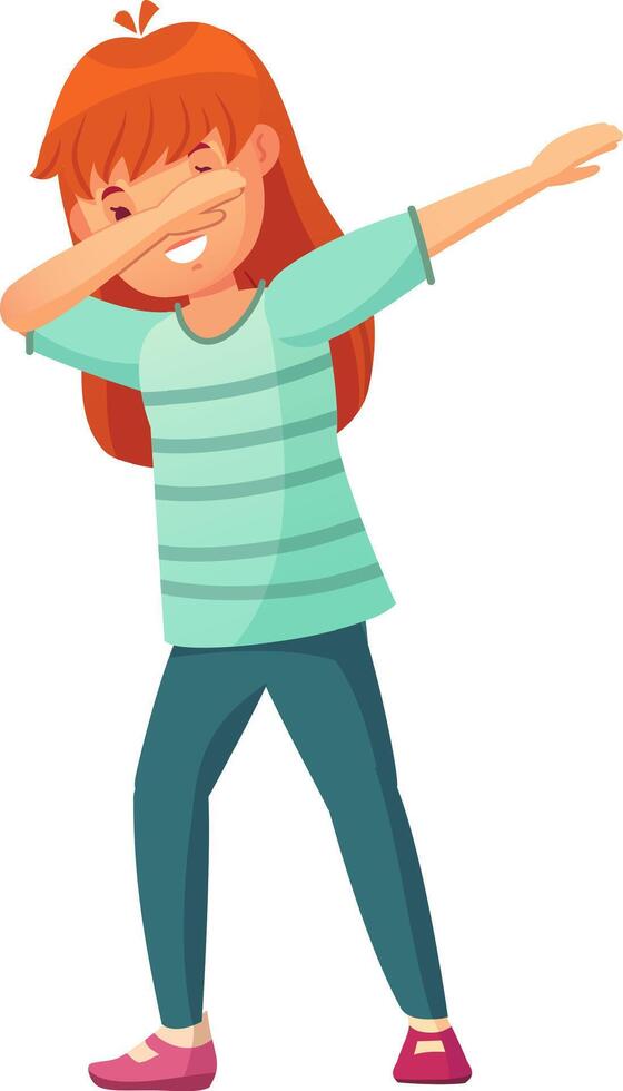 Redhead girl dabbing with one arm covering her face and eyes and the other arm extended behind her back, wearing a striped t shirt and casual pants, in a full body view vector
