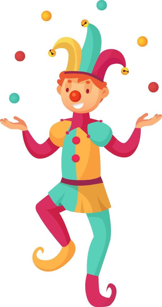 Colorful cartoon illustration of a joker juggling colorful balls, wearing a colorful jester suit and hat with bells, smiling and standing on one leg vector