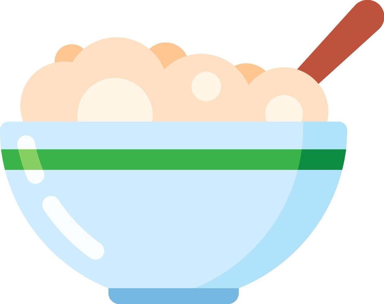 Light blue bowl featuring a green stripe, filled with steaming oatmeal porridge and a spoon resting inside, embodying the essence of healthy breakfasts and quick, nutritious meals vector