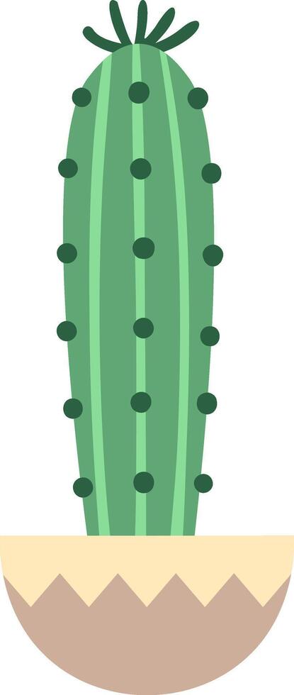 Minimalist illustration of a green cactus growing in a half circle pot decorated with a zig zag pattern, isolated on a white background vector