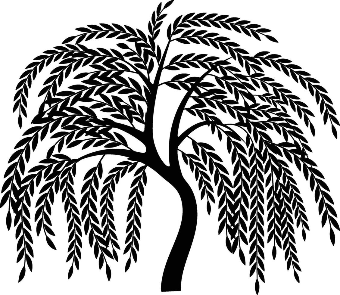 Weeping Willow Tree Silhouette with Flowing Branches vector