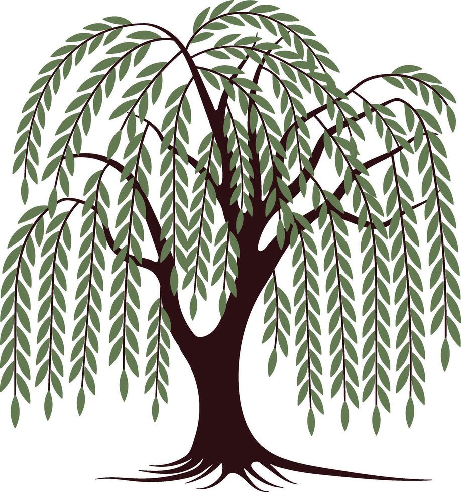 Simple Weeping Willow Tree Silhouette for Nature Art, Willow Tree With Roots vector