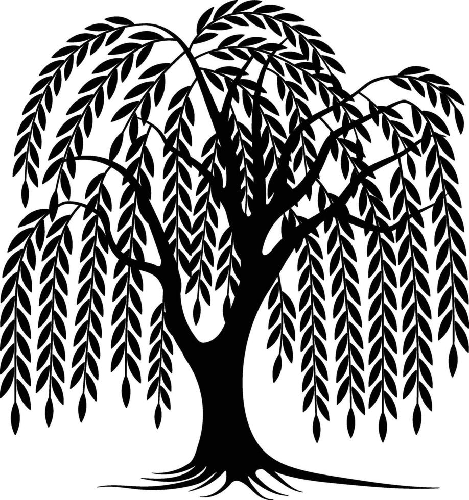 Elegant Weeping Willow Tree Silhouette with Hanging Branches vector