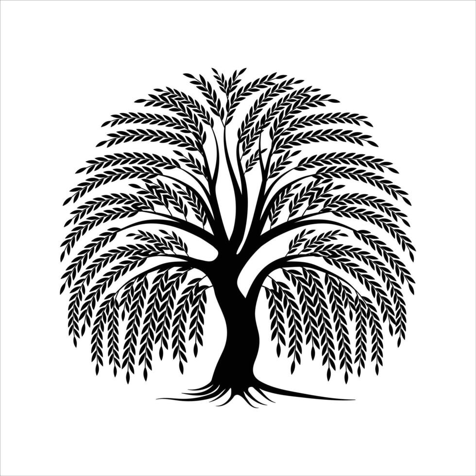 Mystical Weeping Willow Tree Silhouette for Nature and Zen Art vector