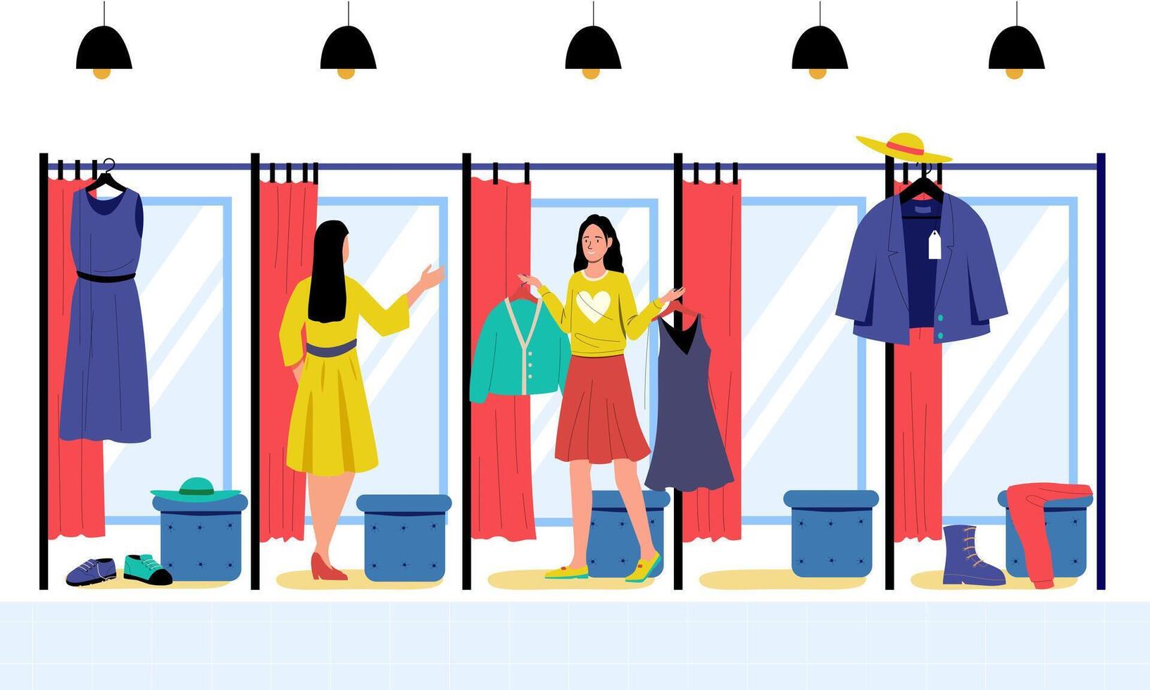 Female customers trying on new outfits in fashion store dressing room selecting garments and contemplating their purchases while. Retail store customer experience. Flat cartoon illustration vector