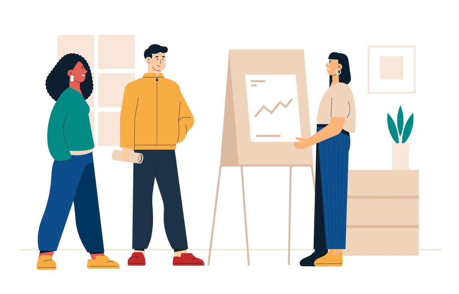 Businesswoman giving office presentation with chart, team listening, professional collaboration mood. Work planning, brainstorming strategy meeting. Flat modern style illustration vector