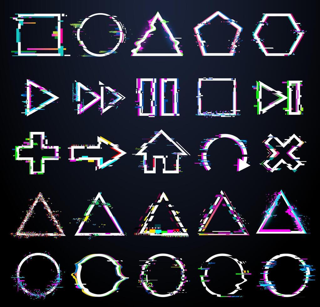 Glitch style geometric and interface icons including shapes, arrows, media buttons and symbols with RGB noise and distortion. Cyberpunk futuristic digital UI theme. illustration vector